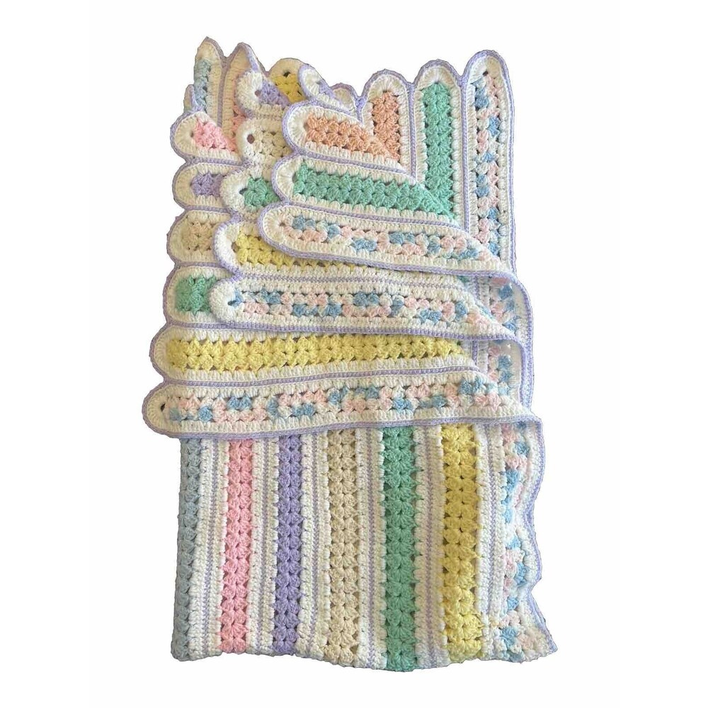Blanket Afghan Knitted Crochet White & Pastel Colors Scalloped Large 42”x 70"